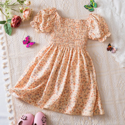 Kids Casual Dress for Girls Clothes 2024 New Summer Children Fashion White Floral Print Puff Sleeve Princess Dress 2-6 Years
