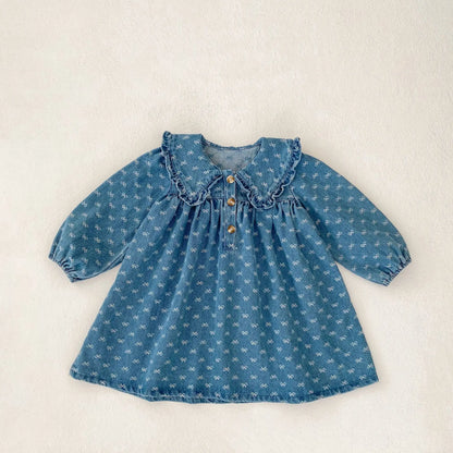 Spring and Autumn New Baby Clothing for 2-4 Years Old,   Baby GIRL  Dress, Bow Embroidered Long Sleeve Cowboy Skirt