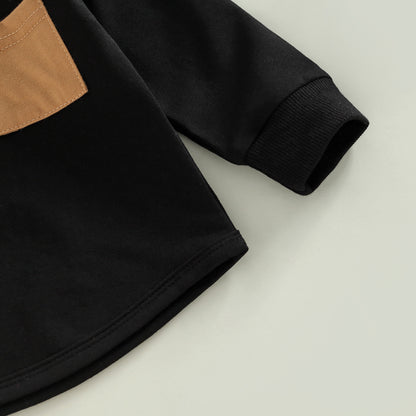 2PCS Toddler Boy Autumn Clothes Long Sleeve Round Neck Tops with Pocket Pullover and Stripe Trousers Tracksuit