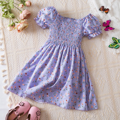 Kids Casual Dress for Girls Clothes 2024 New Summer Children Fashion White Floral Print Puff Sleeve Princess Dress 2-6 Years