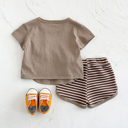 Toddler Baby Summer Casual Clothes Sets Solid Color With Pocket T-shirt Tops+Striped Triangle Shorts Boys Girls Clothes 2Pcs/Set