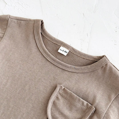 Toddler Baby Summer Casual Clothes Sets Solid Color With Pocket T-shirt Tops+Striped Triangle Shorts Boys Girls Clothes 2Pcs/Set