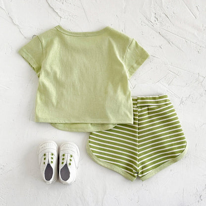 Toddler Baby Summer Casual Clothes Sets Solid Color With Pocket T-shirt Tops+Striped Triangle Shorts Boys Girls Clothes 2Pcs/Set