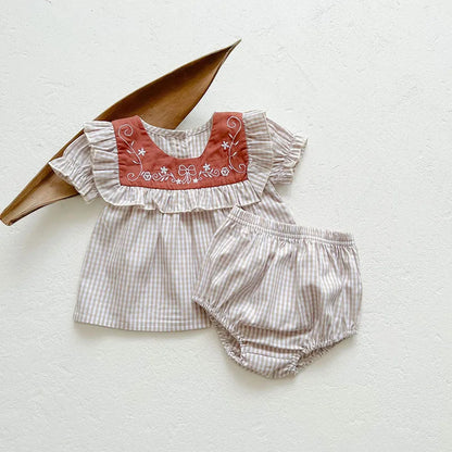 Toddler Baby Girl Suit Clothes Toddler Short Sleeves Shirt+PP Bread Shorts 2PCS Baby Girl Plaid Suit Baby Girl Summer Clothes