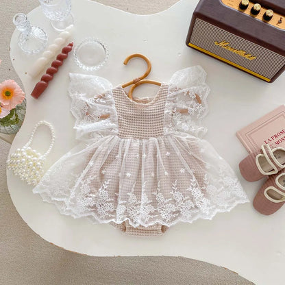 Newborn Baby Clothing Bodysuit Infant Waffle Romper Girls Flying Sleeve Summer Lace Jumpsuit Dress Sweet Toddler Clothes 3-24M