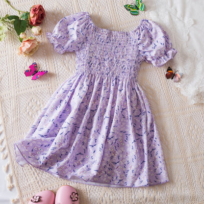 Kids Casual Dress for Girls Clothes 2024 New Summer Children Fashion White Floral Print Puff Sleeve Princess Dress 2-6 Years