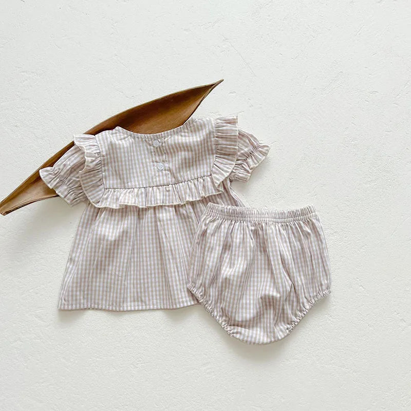 Toddler Baby Girl Suit Clothes Toddler Short Sleeves Shirt+PP Bread Shorts 2PCS Baby Girl Plaid Suit Baby Girl Summer Clothes