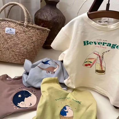 Kids Casual Loose Clothes New Child Short Sleeve Tops Round Neck Base Shirt Pure Cotton Tops Baby Clothing Dinosaur Print Tees