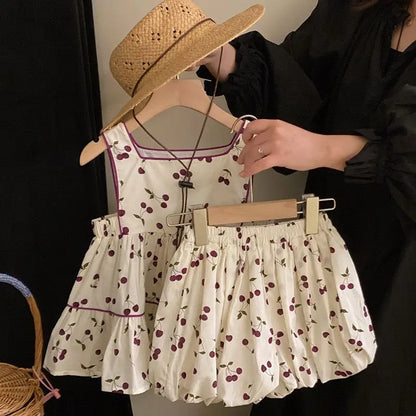 Kids Summer Clothing Set Girls Cherry Print Square Collar Loose Shirt+Elastic Waist Shorts 2-8Y Children 2Pcs Cute Clothes Suit