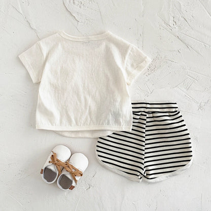 Toddler Baby Summer Casual Clothes Sets Solid Color With Pocket T-shirt Tops+Striped Triangle Shorts Boys Girls Clothes 2Pcs/Set