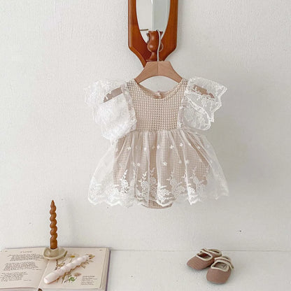 Newborn Baby Clothing Bodysuit Infant Waffle Romper Girls Flying Sleeve Summer Lace Jumpsuit Dress Sweet Toddler Clothes 3-24M