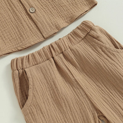Toddler Boy Linen Outfit Baby Boy Fall Winter Clothes Set Button-Down Shirt Tops Cotton Linen Pants 2PCS