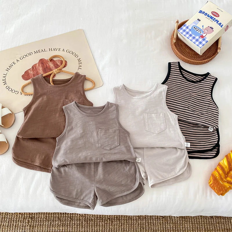 Kids Boy 2 Piece Outfits Solid Color/Stripe Print Sleeveless Tank Tops and Elastic Shorts Set Summer Clothes