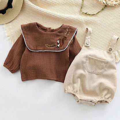 Infant Baby Girls Clothes Suit Long Sleeved Cotton Embroidered Shirt+Corduroy Jumpsuit Spring Autumn Children Clothing Suit