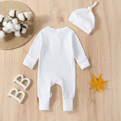 Baby Boy 2 Pieces Outfits Solid Color Ribbed Long Sleeve Romper Jumpsuit with Hat for Infant Toddler Fall Clothes