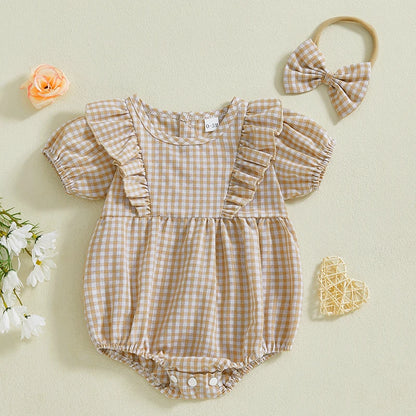 Baby Clothing Girls Romper + Headband Cotton Flying Sleeve Plaid Infant Rompers Jumpsuit Newborn Clothes