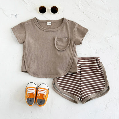 Toddler Baby Summer Casual Clothes Sets Solid Color With Pocket T-shirt Tops+Striped Triangle Shorts Boys Girls Clothes 2Pcs/Set