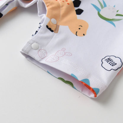 2PCS Toddler Baby Boy Cute Clothes Set New Summer Solid Tee Top and Dinosaur Printed Strap Pants Outfit for Boys 0 to 2Years