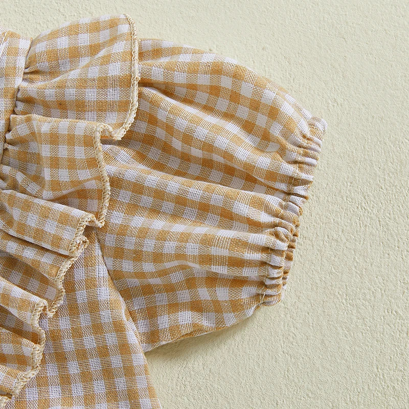 Baby Clothing Girls Romper + Headband Cotton Flying Sleeve Plaid Infant Rompers Jumpsuit Newborn Clothes