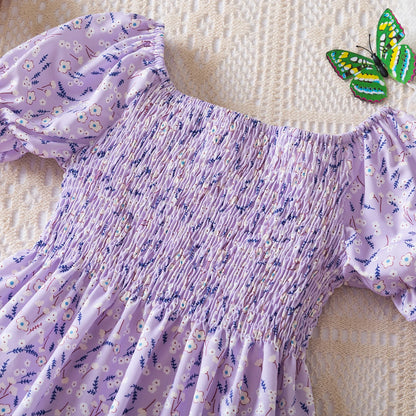 Kids Casual Dress for Girls Clothes 2024 New Summer Children Fashion White Floral Print Puff Sleeve Princess Dress 2-6 Years