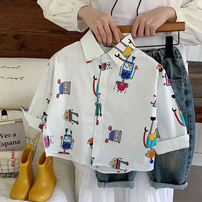 Baby Boys Blouses Toddler Lapel Blouse Kids Long-Sleeved Cotton Tops Full Printed Shirts 2025 Spring Autumn Children's Clothing