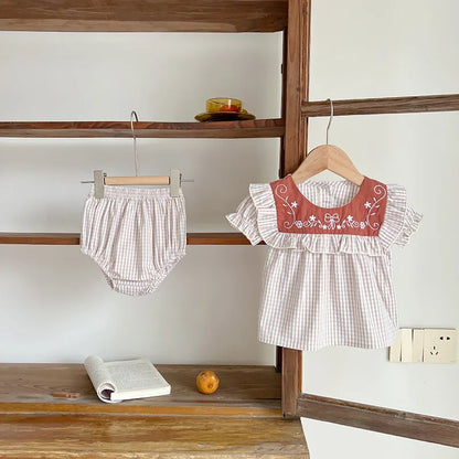 Toddler Baby Girl Suit Clothes Toddler Short Sleeves Shirt+PP Bread Shorts 2PCS Baby Girl Plaid Suit Baby Girl Summer Clothes
