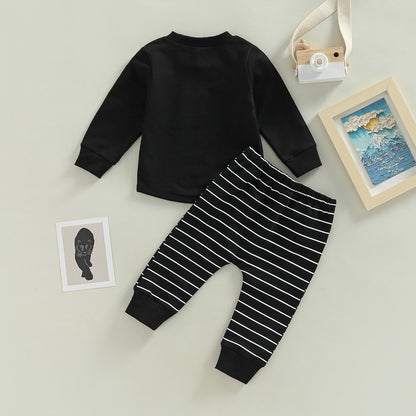 2PCS Toddler Boy Autumn Clothes Long Sleeve Round Neck Tops with Pocket Pullover and Stripe Trousers Tracksuit