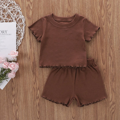 2025 Toddlers Baby Girls Summer Clothes Set Ruffle Ribbed Knit Short Sleeves T-Shirt Tops Shorts Casual Girls Outfits 2pcs