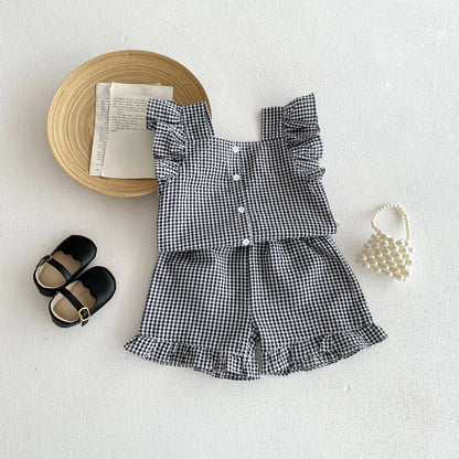 Korean Style Kids Outfit Baby Clothes Girls Summer Checkered Sleeveless Blouses + Shorts Two Piece Set 2-6yrs