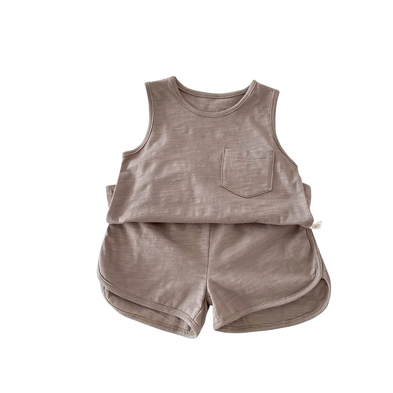Kids Boy 2 Piece Outfits Solid Color/Stripe Print Sleeveless Tank Tops and Elastic Shorts Set Summer Clothes