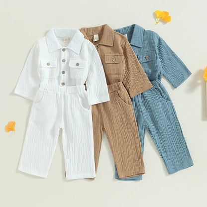 Toddler Boy Linen Outfit Baby Boy Fall Winter Clothes Set Button-Down Shirt Tops Cotton Linen Pants 2PCS