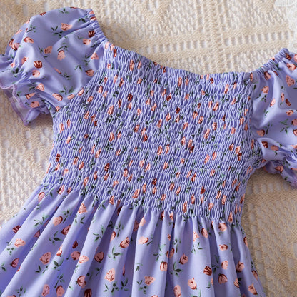 Kids Casual Dress for Girls Clothes 2024 New Summer Children Fashion White Floral Print Puff Sleeve Princess Dress 2-6 Years