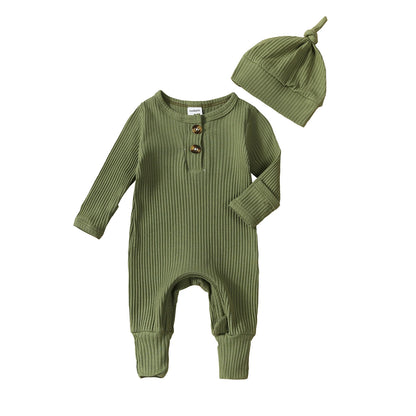 Baby Boy 2 Pieces Outfits Solid Color Ribbed Long Sleeve Romper Jumpsuit with Hat for Infant Toddler Fall Clothes