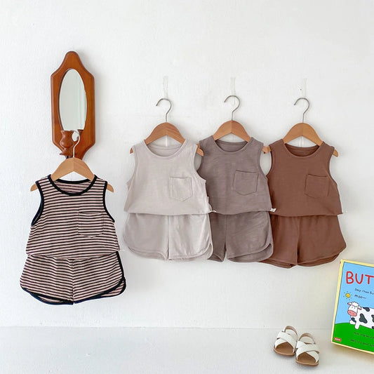 Kids Boy 2 Piece Outfits Solid Color/Stripe Print Sleeveless Tank Tops and Elastic Shorts Set Summer Clothes
