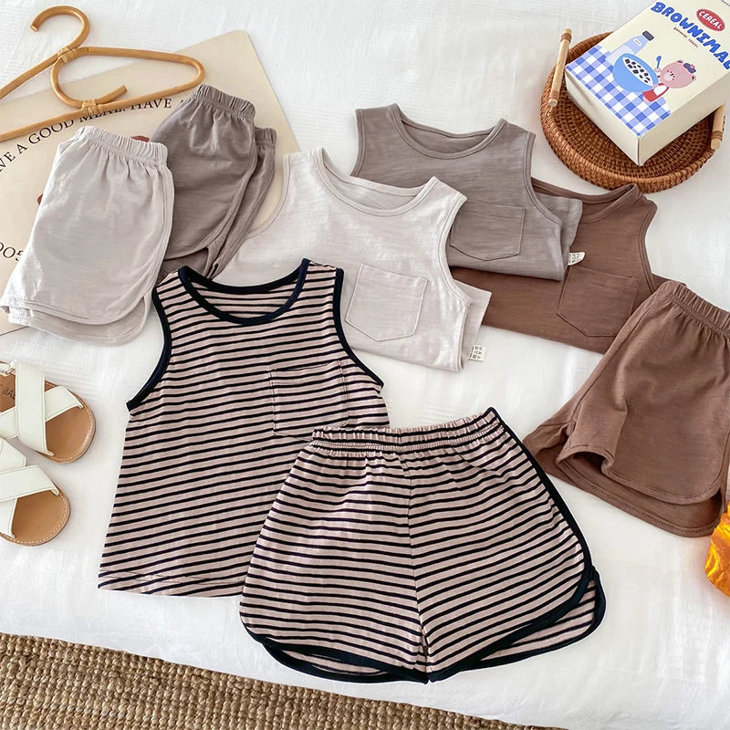 Kids Boy 2 Piece Outfits Solid Color/Stripe Print Sleeveless Tank Tops and Elastic Shorts Set Summer Clothes