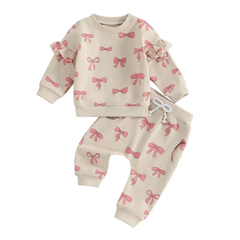 Toddler Baby Girl Clothes Long Sleeve Bow Print Ruffle Sweatshirt Pants Newborn Set Clothes 2PCS Outfits