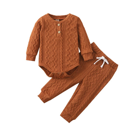 Toddler Boys Romper Tops Pants Suit Long Sleeve Round Neck Trousers Twists Solid Color Outfit Casual Baby Home Clothes Set