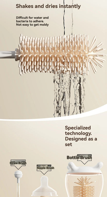 Silicone Baby Bottle Brush, Portable Bottle Brush Set, Baby Bottle Cleaning Brush with Drying Rack