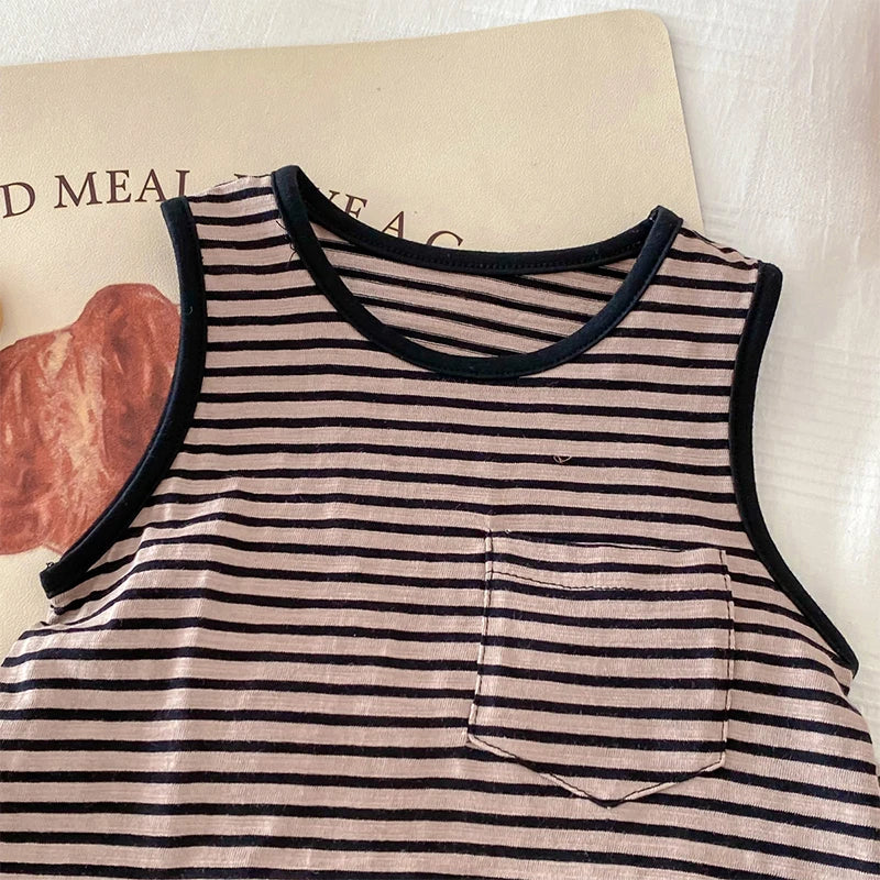 Kids Boy 2 Piece Outfits Solid Color/Stripe Print Sleeveless Tank Tops and Elastic Shorts Set Summer Clothes