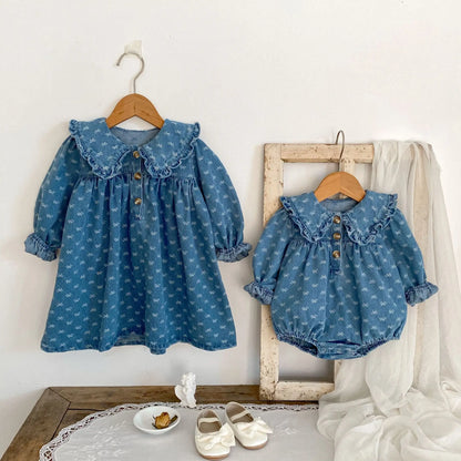 Spring and Autumn New Baby Clothing for 2-4 Years Old,   Baby GIRL  Dress, Bow Embroidered Long Sleeve Cowboy Skirt