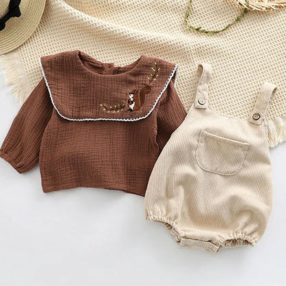 Infant Baby Girls Clothes Suit Long Sleeved Cotton Embroidered Shirt+Corduroy Jumpsuit Spring Autumn Children Clothing Suit