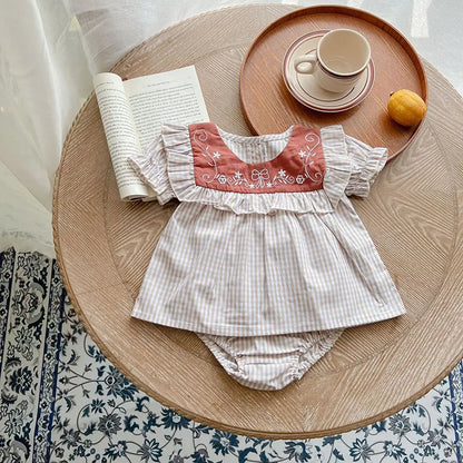 Toddler Baby Girl Suit Clothes Toddler Short Sleeves Shirt+PP Bread Shorts 2PCS Baby Girl Plaid Suit Baby Girl Summer Clothes