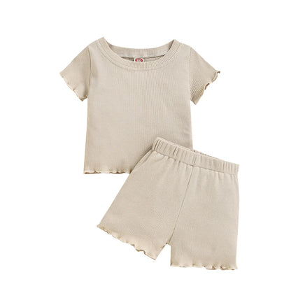 2025 Toddlers Baby Girls Summer Clothes Set Ruffle Ribbed Knit Short Sleeves T-Shirt Tops Shorts Casual Girls Outfits 2pcs