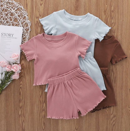2025 Toddlers Baby Girls Summer Clothes Set Ruffle Ribbed Knit Short Sleeves T-Shirt Tops Shorts Casual Girls Outfits 2pcs