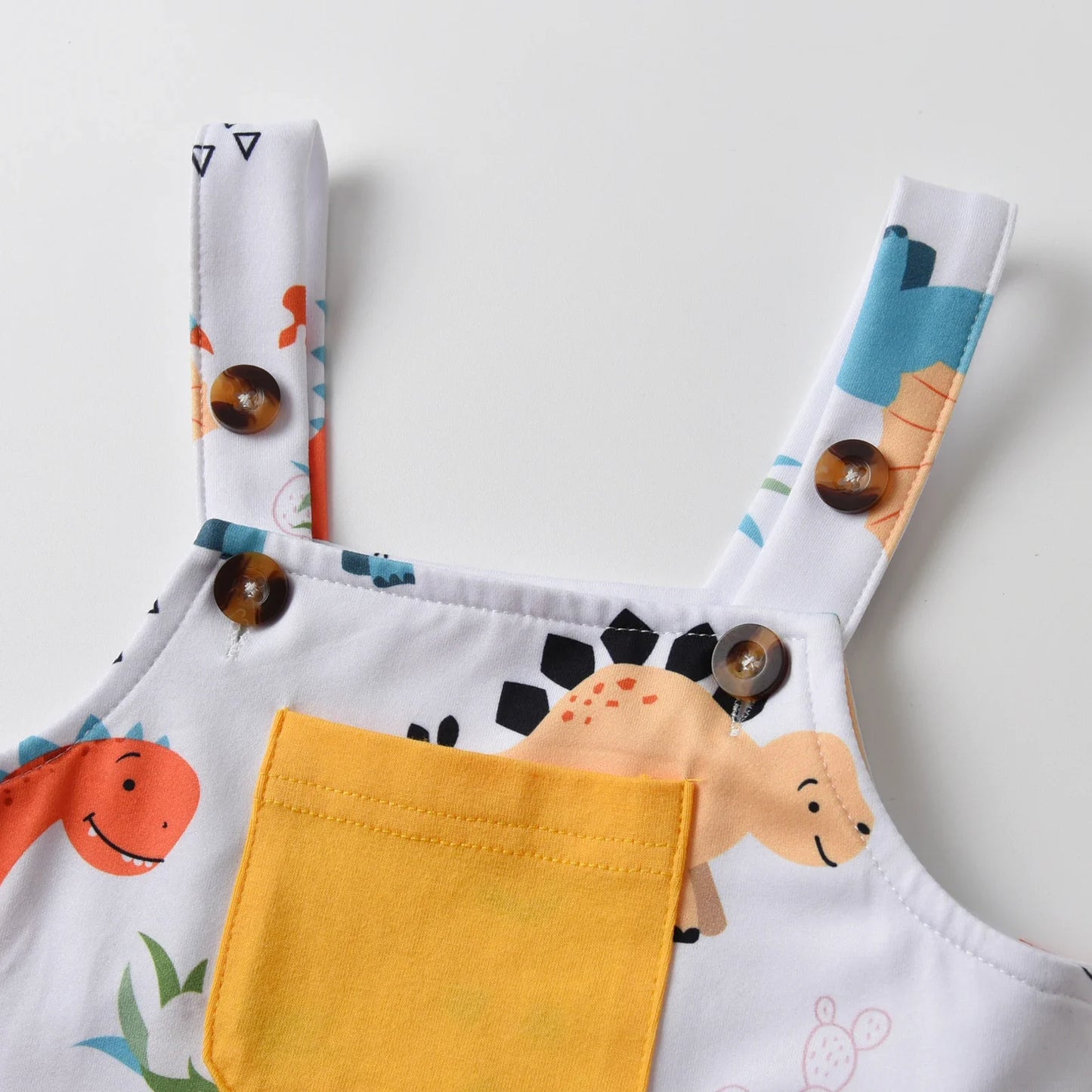 2PCS Toddler Baby Boy Cute Clothes Set New Summer Solid Tee Top and Dinosaur Printed Strap Pants Outfit for Boys 0 to 2Years