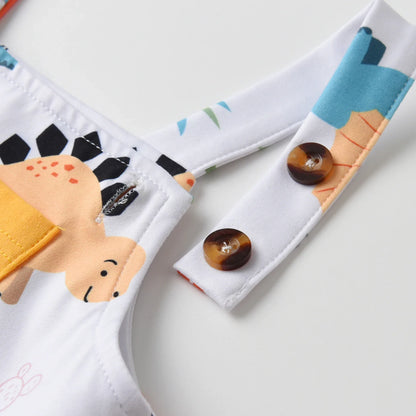 2PCS Toddler Baby Boy Cute Clothes Set New Summer Solid Tee Top and Dinosaur Printed Strap Pants Outfit for Boys 0 to 2Years