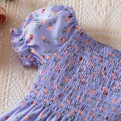 Kids Casual Dress for Girls Clothes 2024 New Summer Children Fashion White Floral Print Puff Sleeve Princess Dress 2-6 Years