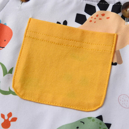2PCS Toddler Baby Boy Cute Clothes Set New Summer Solid Tee Top and Dinosaur Printed Strap Pants Outfit for Boys 0 to 2Years