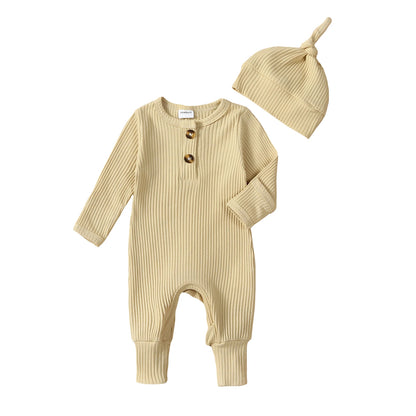 Baby Boy 2 Pieces Outfits Solid Color Ribbed Long Sleeve Romper Jumpsuit with Hat for Infant Toddler Fall Clothes