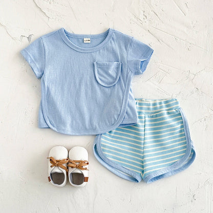 Toddler Baby Summer Casual Clothes Sets Solid Color With Pocket T-shirt Tops+Striped Triangle Shorts Boys Girls Clothes 2Pcs/Set